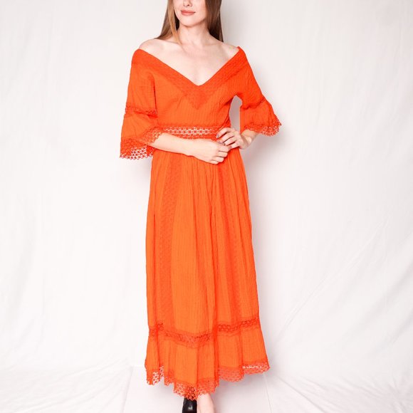 orange pleated maxi dress